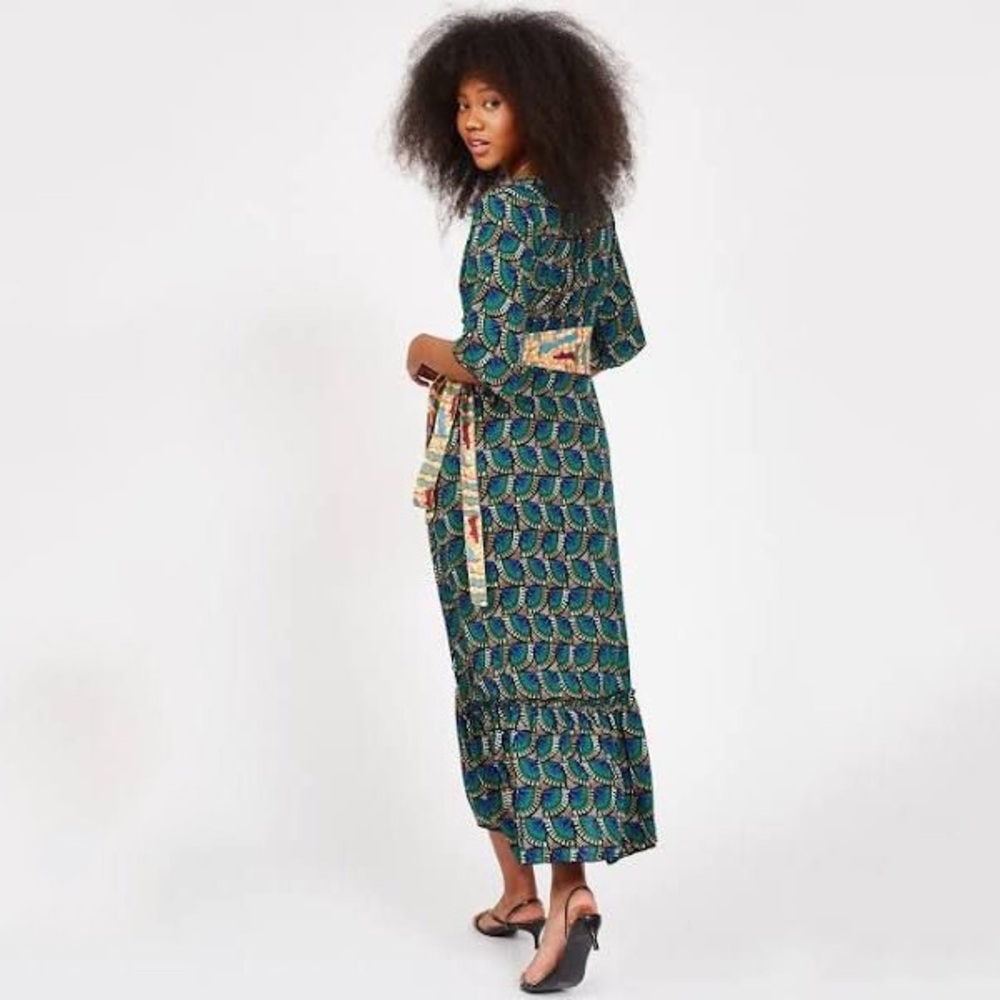 Printed V-Neck Midi Dress in Teal and Navy - Picture 3 of 10